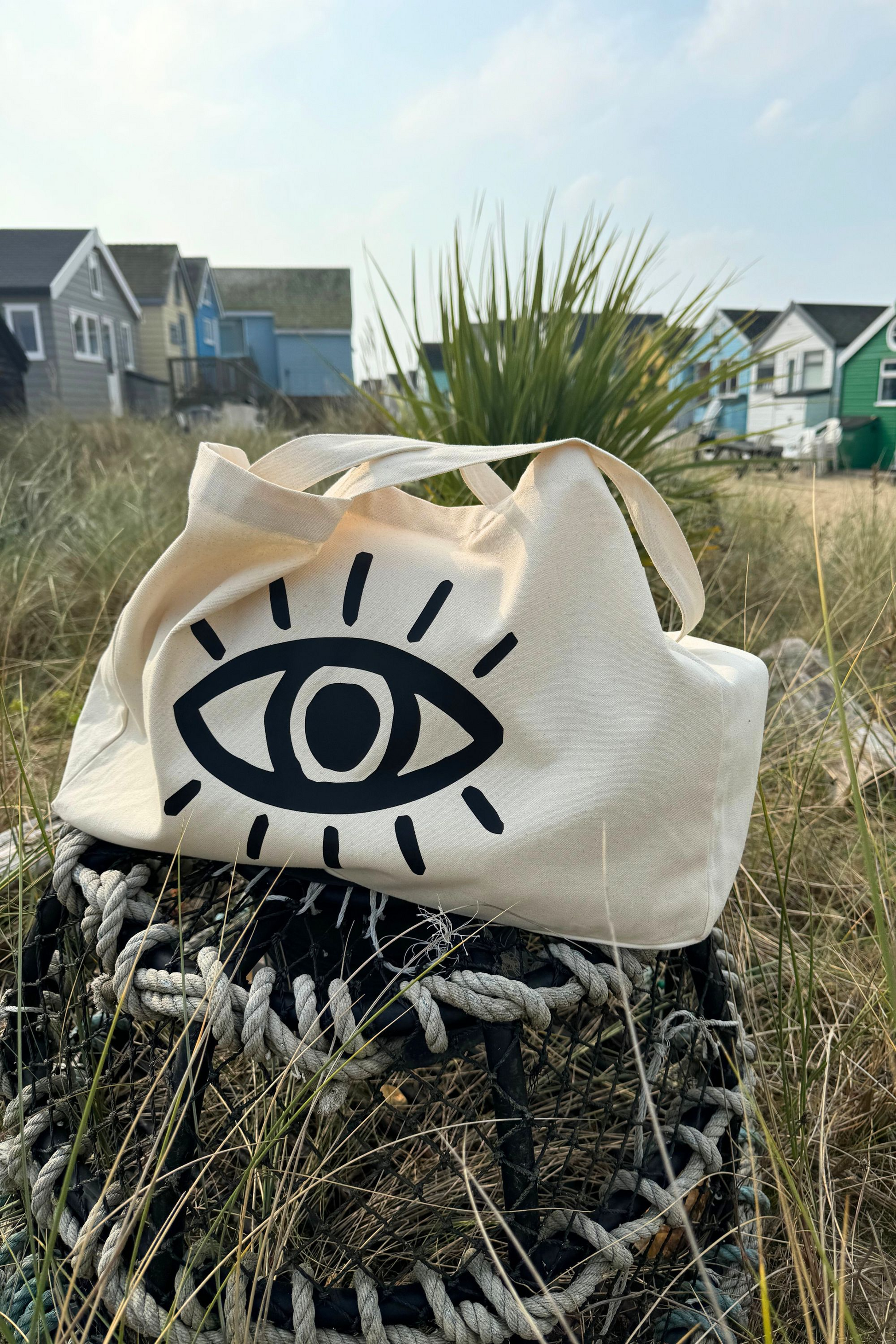 DIVINE EYE YOGA BAG IN CREAM - ORGANIC COTTON EVIL EYE TOTE BAG